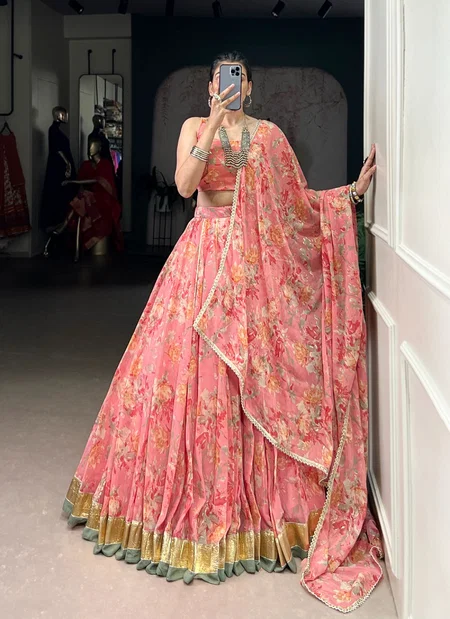 Lnb1672 Chiffon With Floral Print Lehenga With Blouse Dupatta Wholesale Clothing Distributors In India